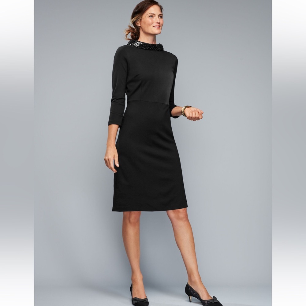 Talbots Black Sheath Dress Mock Neck Sequin Collar Cocktail Event Evening 4P - Picture 12 of 12